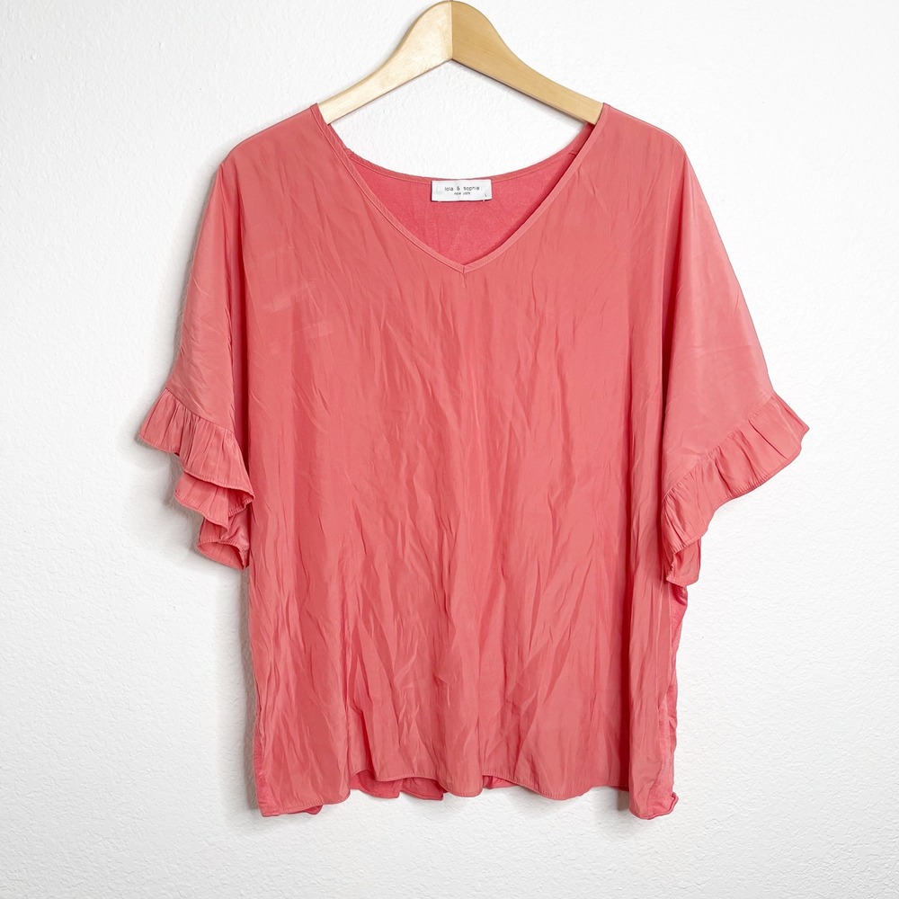 Lola & Sophie New York Coral Pink Ruffle Sleeve V-Neck Blouse Top‎ Large